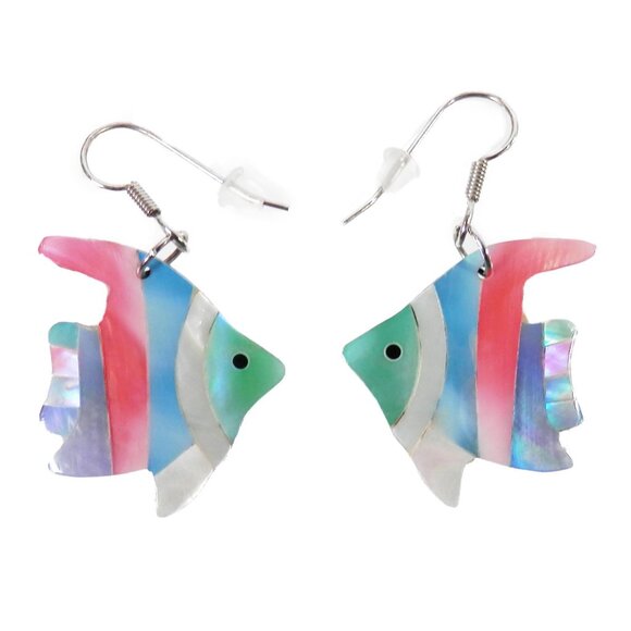 Carved Mosaic Colored Mother of Pearl Tropical Fish Blue Shaped Hook Earring MOP - Picture 1 of 4